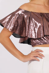 Pink Metallic Bardot Frill Crop Top - Ariana-Crop Tops
