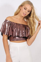 Pink Metallic Bardot Frill Crop Top - Ariana-Crop Tops