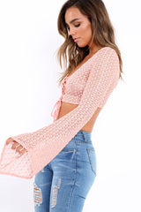 Pink Metallic Crochet Lace Up Flare Sleeve Crop Top - Samantha-Crop Tops