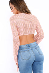 Pink Metallic Crochet Lace Up Flare Sleeve Crop Top - Samantha-Crop Tops
