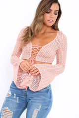 Pink Metallic Crochet Lace Up Flare Sleeve Crop Top - Samantha-Crop Tops