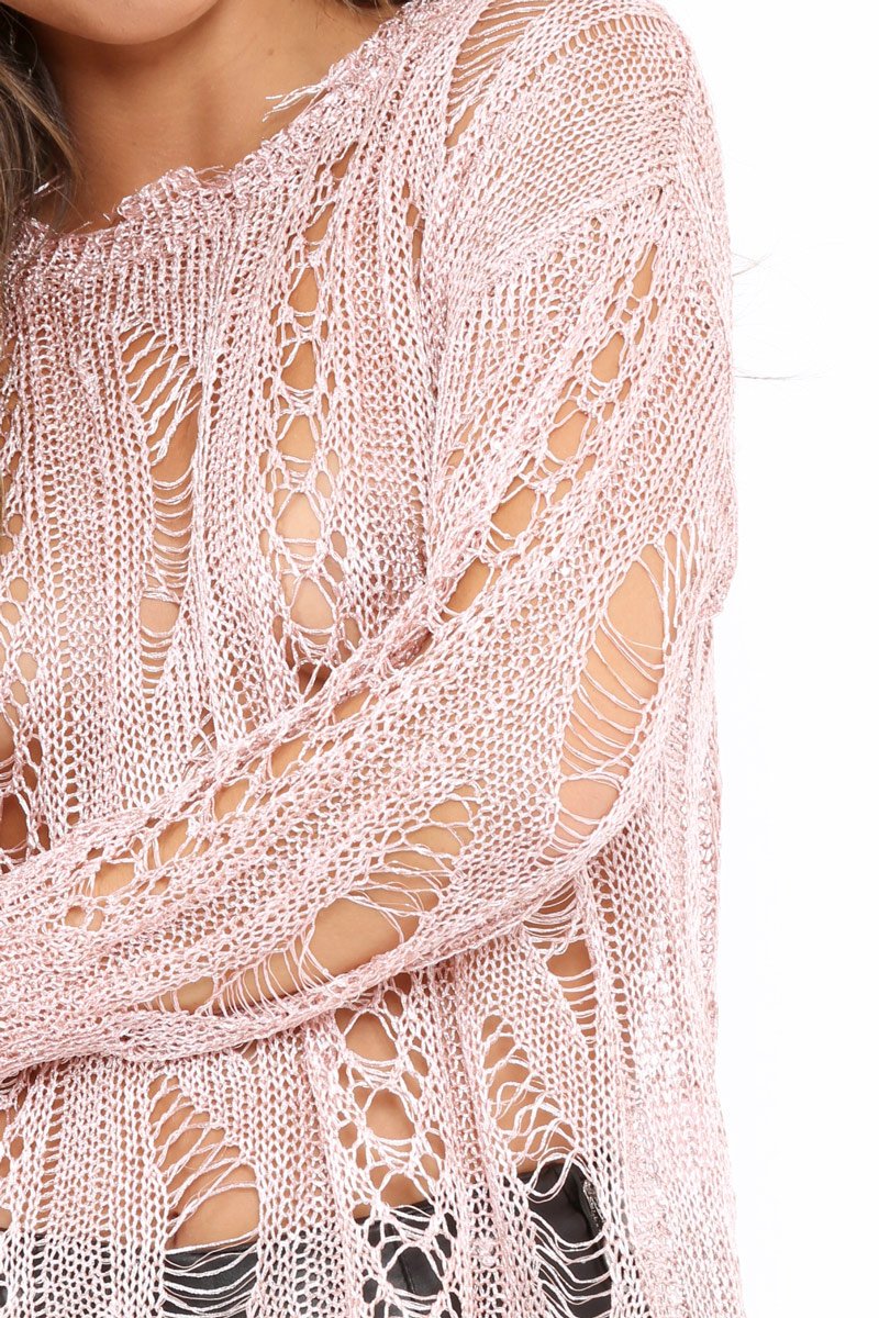 Pink Metallic Distressed Jumper - Hannan-Tops