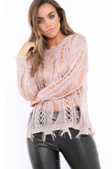 Pink Metallic Distressed Jumper - Hannan-Tops