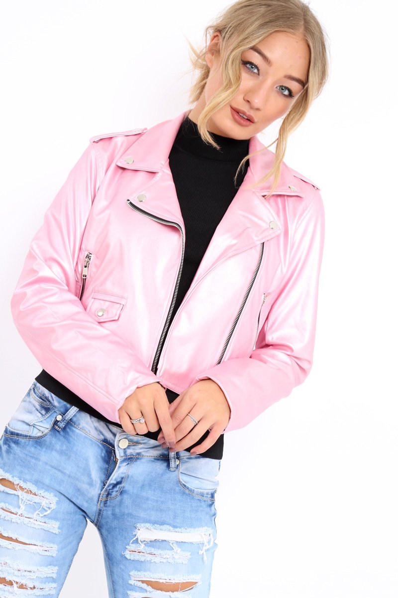 Pink Metallic Leather Jacket - Adrienne-Jackets