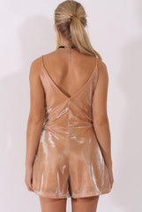 Pink Metallic Strappy V Neck Playsuit - Patricia-Playsuits
