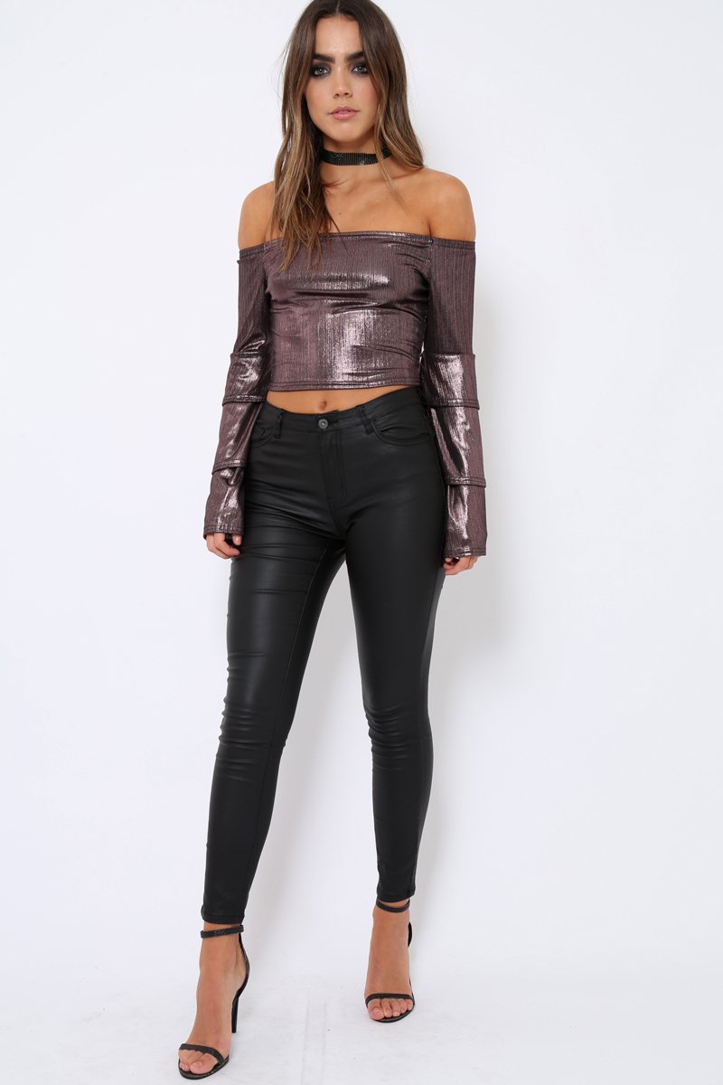 Pink Metallic Tiered Flared Sleeves Bardot Crop Top - Karie-Tops