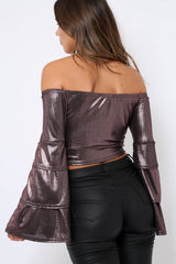 Pink Metallic Tiered Flared Sleeves Bardot Crop Top - Karie-Tops