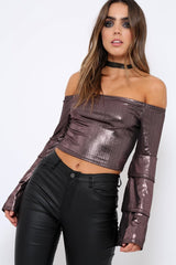 Pink Metallic Tiered Flared Sleeves Bardot Crop Top - Karie-Tops