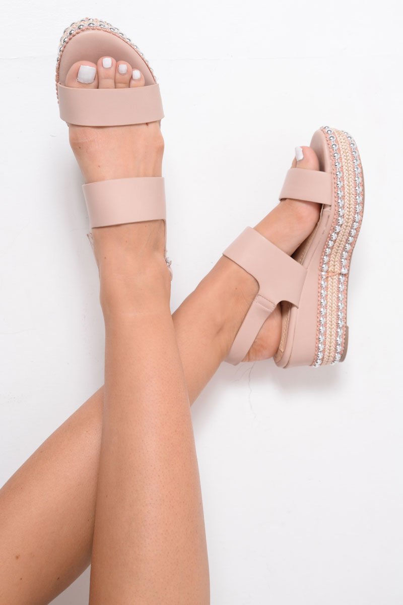 Pink Multi Strap Stud Sole Platforms - Perley-Wedges