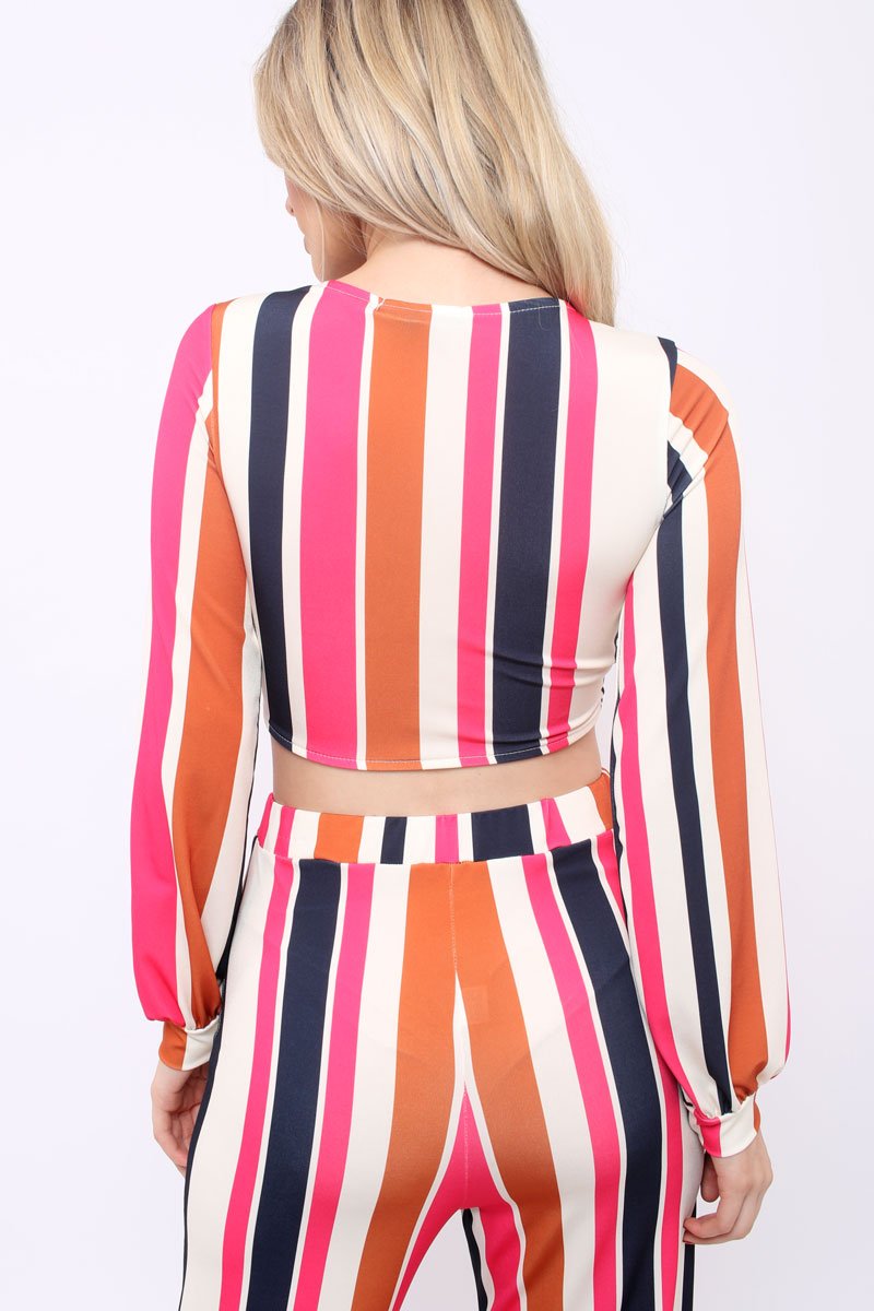 Pink Multi Stripe Plunge Tie Top - Nali-Crop Tops