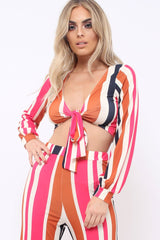 Pink Multi Stripe Plunge Tie Top - Nali-Crop Tops