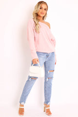 Pink Off Shoulder Knit Jumper - Brithany-Jumper