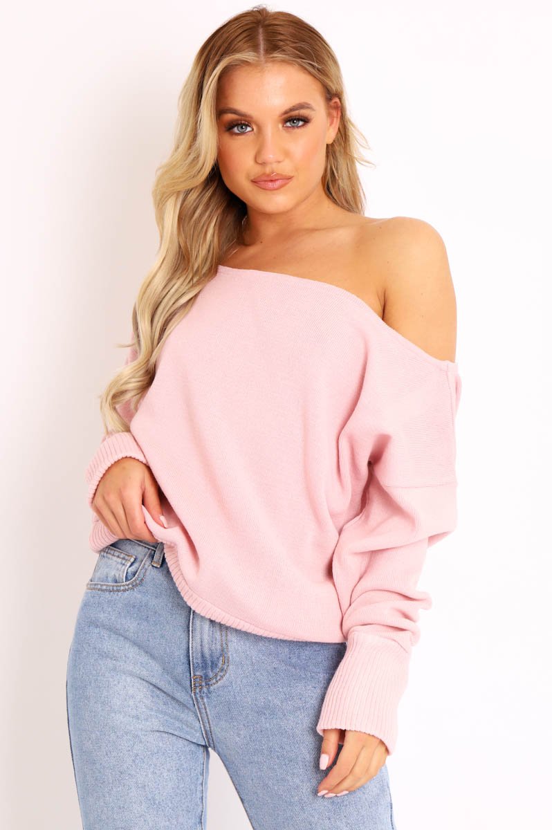 Pink Off Shoulder Knit Jumper - Brithany-Jumper