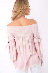 Pink Off Shoulder Tie Sleeve Top - Sammy-Tops
