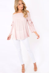 Pink Off Shoulder Tie Sleeve Top - Sammy-Tops