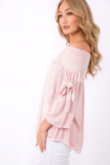 Pink Off Shoulder Tie Sleeve Top - Sammy-Tops