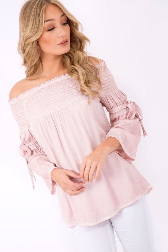 Pink Off Shoulder Tie Sleeve Top - Sammy