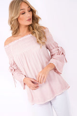Pink Off Shoulder Tie Sleeve Top - Sammy-Tops