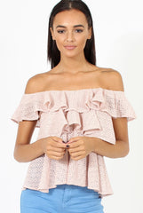 Pink Off the Shoulder Lace Frill Top - Larisa-Tops