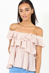 Pink Off the Shoulder Lace Frill Top - Larisa-Tops