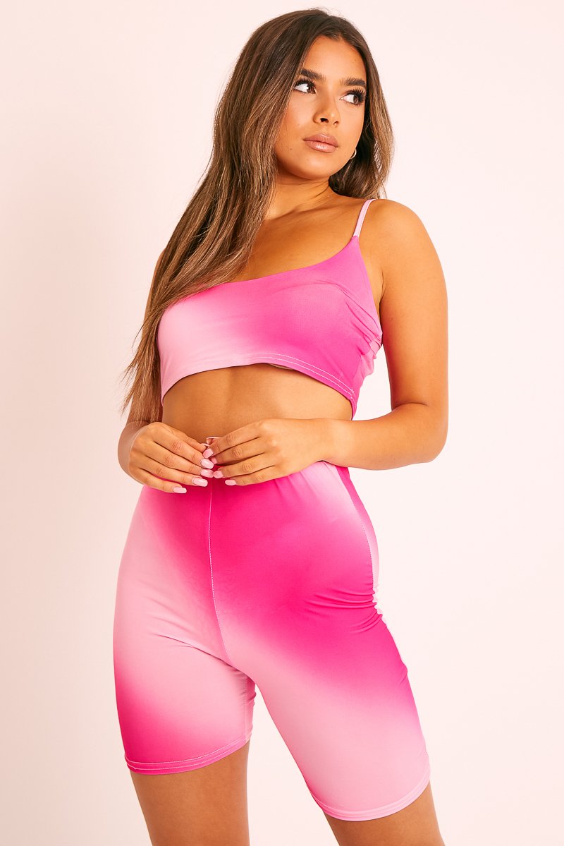Pink Ombre Crop Top Cycling Shorts Co-ord - Gillie-Co-ords