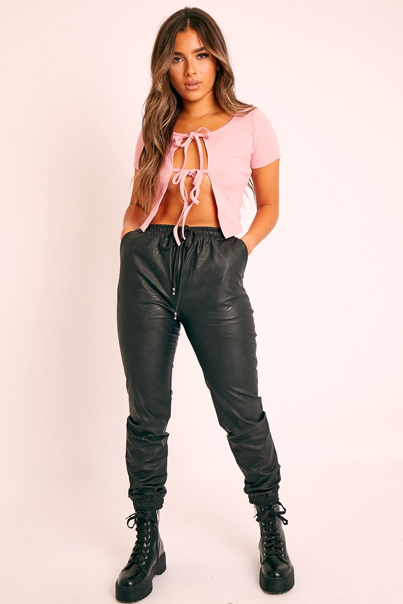 Pink Open Tie Front Crop Top - Ozella-Tops
