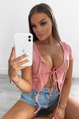Pink Open Tie Front Crop Top - Ozella-Tops