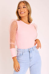 Pink Organza Swiss Dot Sleeve Ribbed Bodysuit - Tamie-Bodysuits
