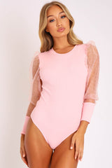 Pink Organza Swiss Dot Sleeve Ribbed Bodysuit - Tamie-Bodysuits