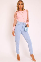 Pink Organza Swiss Dot Sleeve Ribbed Bodysuit - Tamie-Bodysuits