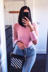 Pink Organza Swiss Dot Sleeve Ribbed Bodysuit - Tamie-Bodysuits