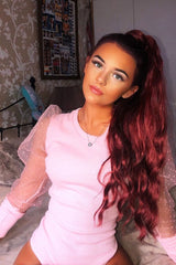 Pink Organza Swiss Dot Sleeve Ribbed Bodysuit - Tamie-Bodysuits