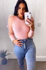 Pink Organza Swiss Dot Sleeve Ribbed Bodysuit - Tamie-Bodysuits