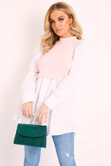 Pink Overlay Detail Puff Sleeve White Shirt Dress - Olah-Shirts