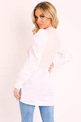 Pink Overlay Detail Puff Sleeve White Shirt Dress - Olah-Shirts