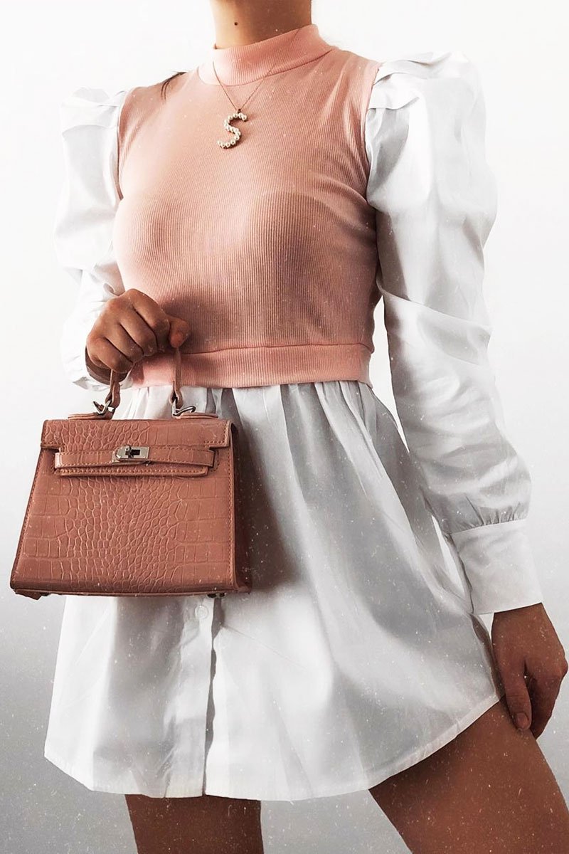 Pink Overlay Detail Puff Sleeve White Shirt Dress - Olah-Shirts