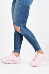 Pink PU Lace Up Sole Detail Trainers - Lennix-Trainers