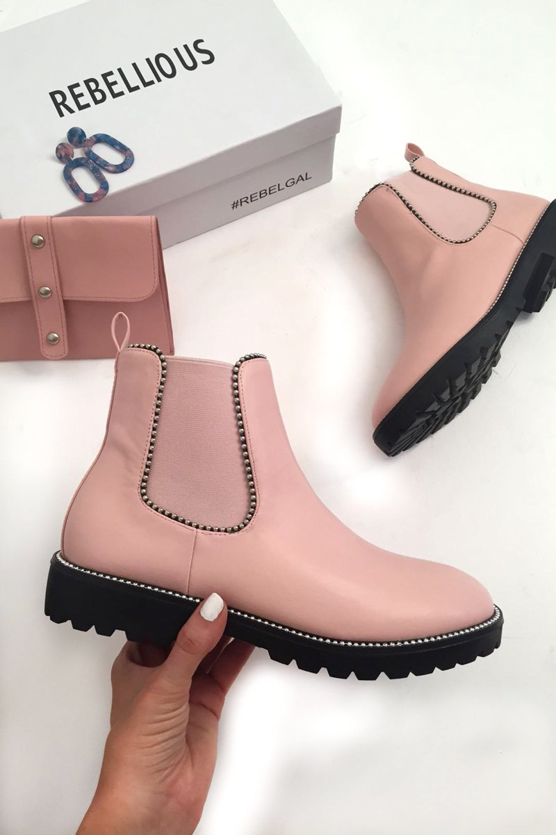 Pink PU Stud Detail Ankle Boots - Andie-Boots