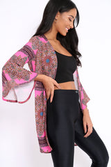 Pink Paisley Print Flare Sleeves Kimono - Marley-Jackets