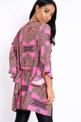 Pink Paisley Print Flare Sleeves Kimono - Marley-Jackets