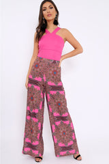 Pink Paisley Print High Waist Flare Trousers - Freddy-Trousers
