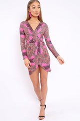 Pink Paisley Print Slinky Wrap Dress - Denise-Dresses