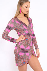 Pink Paisley Print Slinky Wrap Dress - Denise-Dresses
