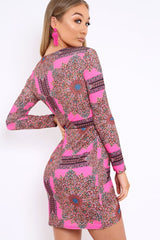 Pink Paisley Print Slinky Wrap Dress - Denise-Dresses