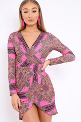 Pink Paisley Print Slinky Wrap Dress - Denise-Dresses