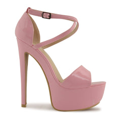 Pink Patent Cross Over Strap Platform Heels - Martha-Heels