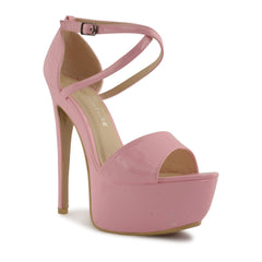 Pink Patent Cross Over Strap Platform Heels - Martha-Heels