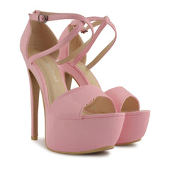 Pink Patent Cross Over Strap Platform Heels - Martha-Heels