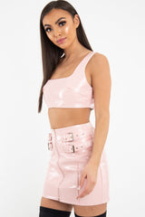 Pink Patent Faux Leather Crop Top Skirt Co-Ord - Nieve-Co-ords