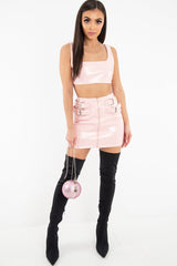 Pink Patent Faux Leather Crop Top Skirt Co-Ord - Nieve-Co-ords